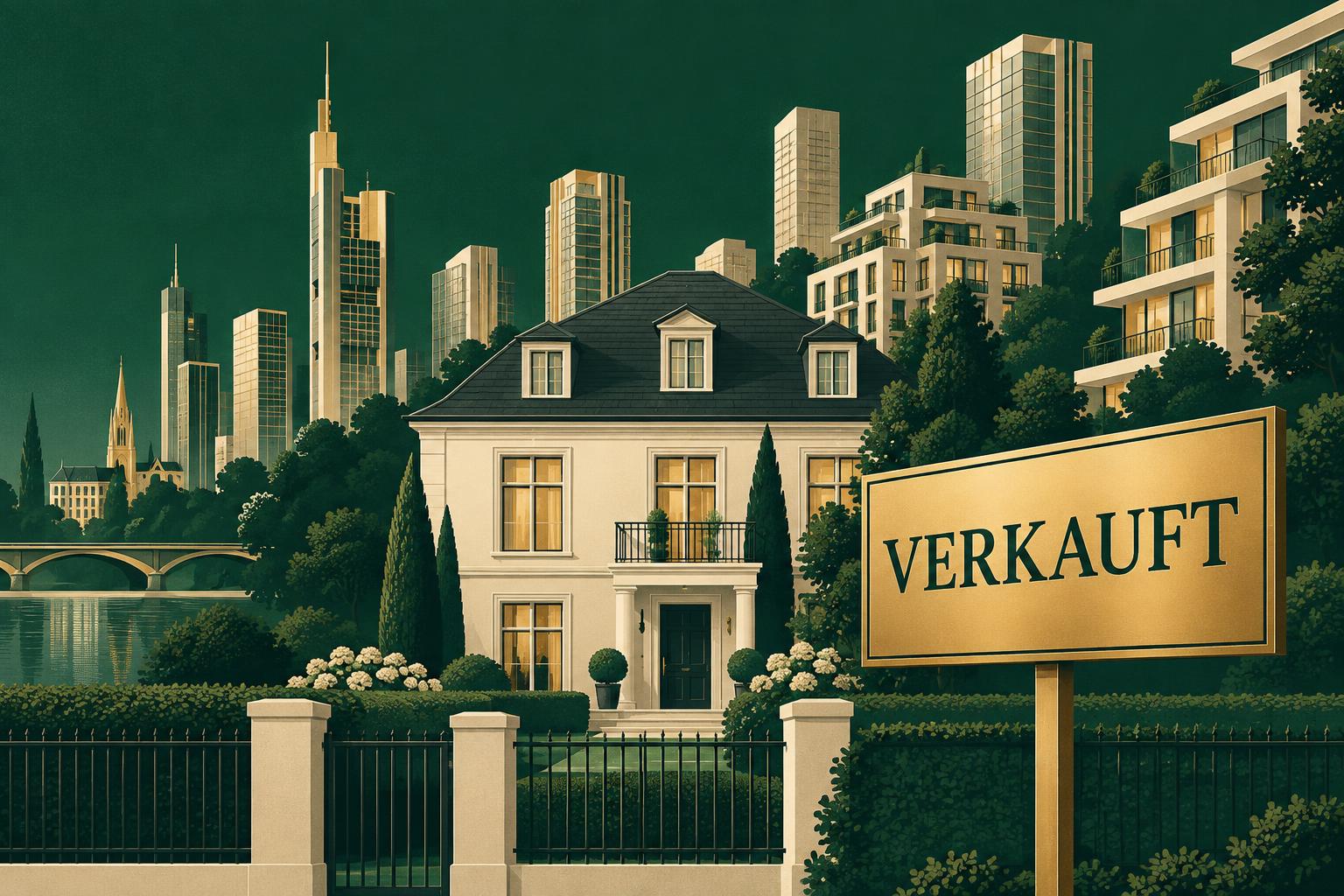 Illustration einer Stadtskyline mit einer Villa und goldenem Verkauft-Schild